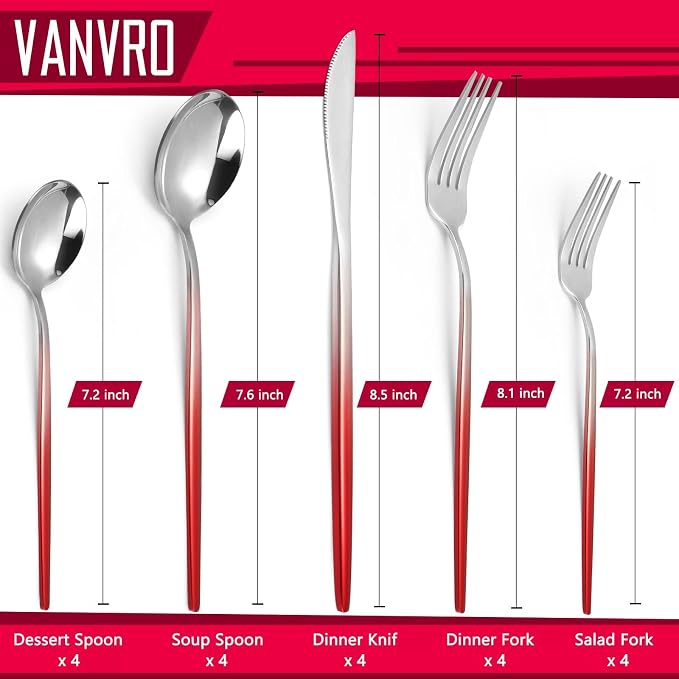 VANVRO Gradient Red Silverware Set, 20-Piece Stainless Steel Flatware Set