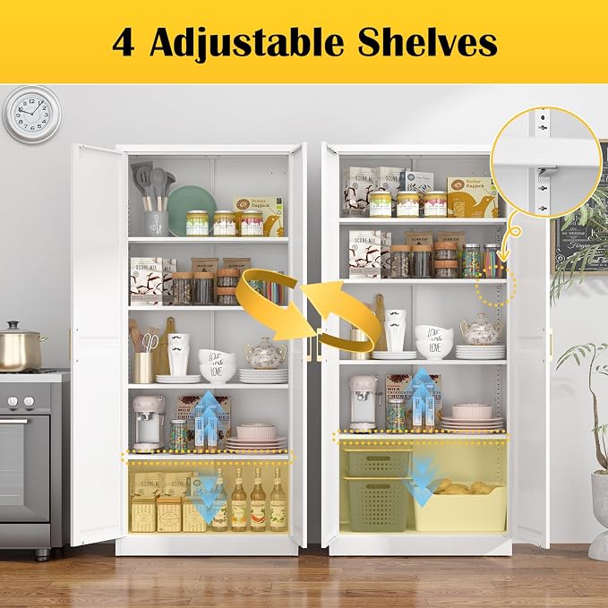 Kitchen Pantry Cabinet, 71”White Metal Pantry Storage Cabinet