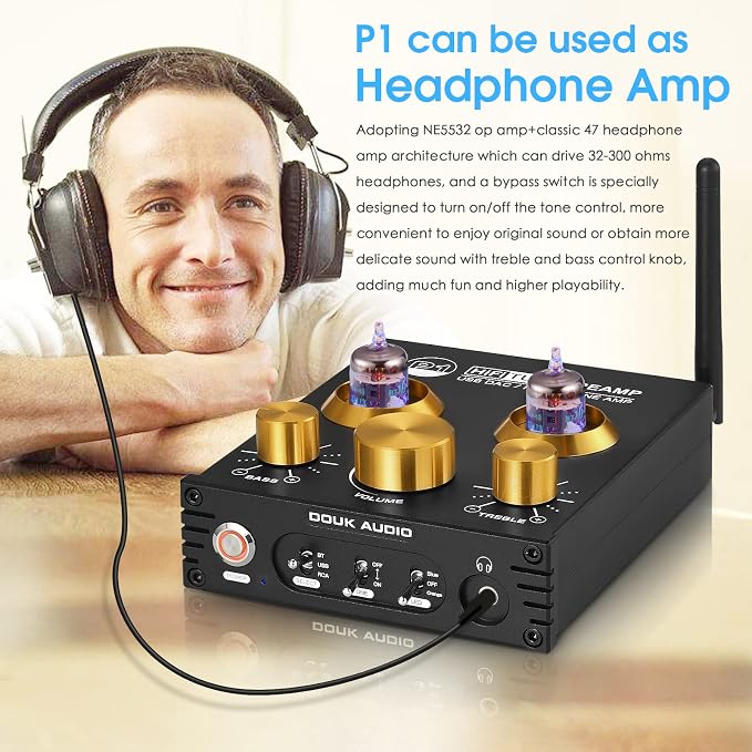 Douk Audio P1 Vacuum Tube Bluetooth Preamplifier, GE5654 Audio Preamp, Hi-Fi