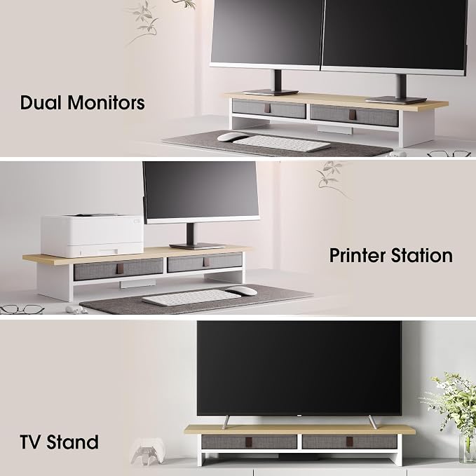 Fenge Monitor Stand with Drawer, 2 Tiers Dual Monitor Riser