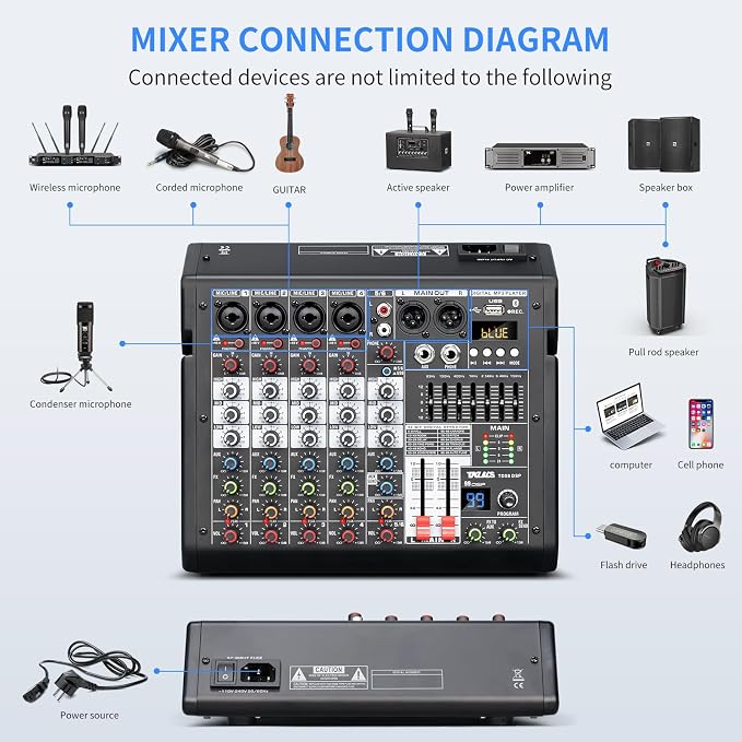 Audio Mixer, 6-Channel Professional DJ Mixer