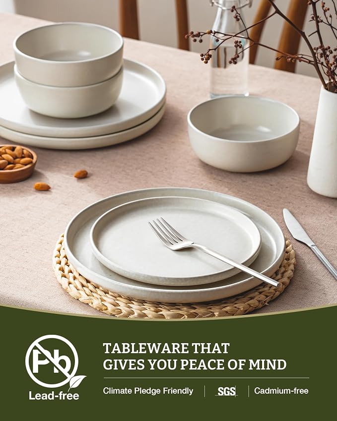 Famiware Milkyway 24-Piece Stoneware Dinnerware Set, Matte Beige White | Plates