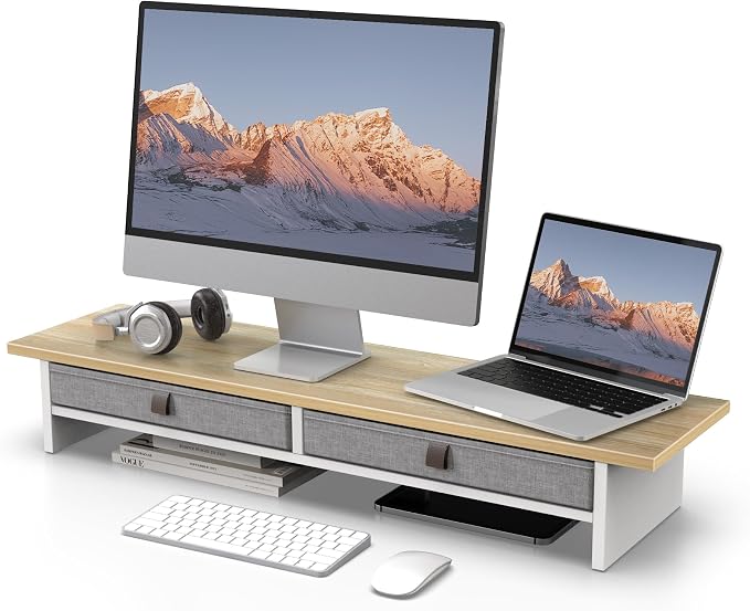 Fenge Monitor Stand with Drawer, 2 Tiers Dual Monitor Riser