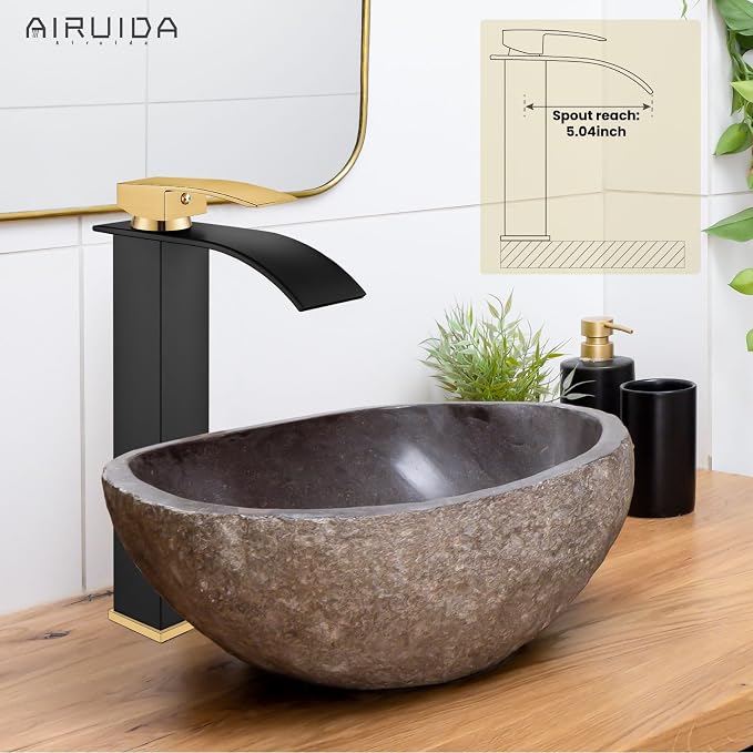 Waterfall Bathroom Tall Vessel Faucet Matte Black&Brushed Gold Vanity