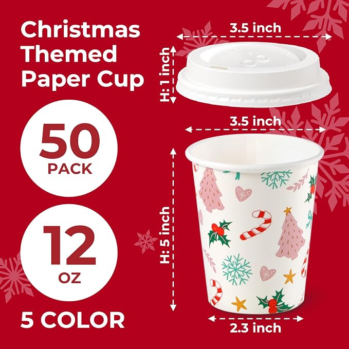 Fit Meal Prep 50 Pack 12 oz Christmas Disposable Paper Coffee Cups