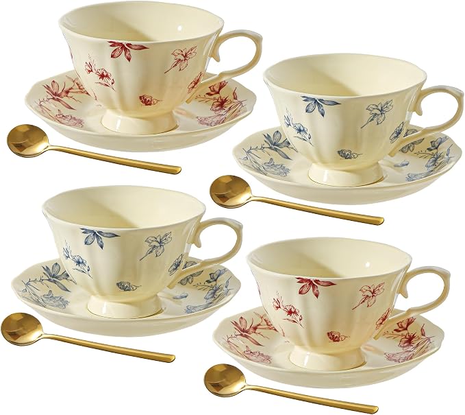 Vintage Fancy Porcelain Tea Cups and Saucers Set of 4, 8 oz China Ceramic