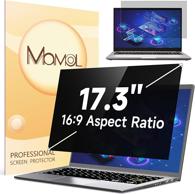 Mamol Laptop Privacy Screen 17.3 Inch, Anti Blue Light Glare Filter, Removable