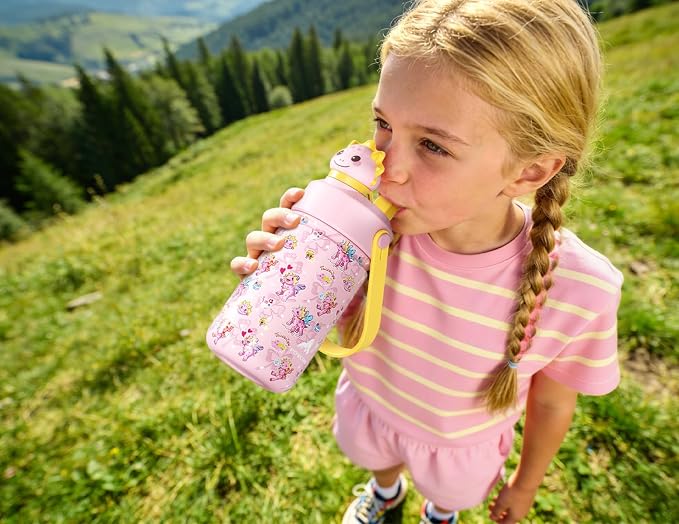 POWCAN 12 oz Kids Water Bottle: 2-in-1 Straw Spout Lid