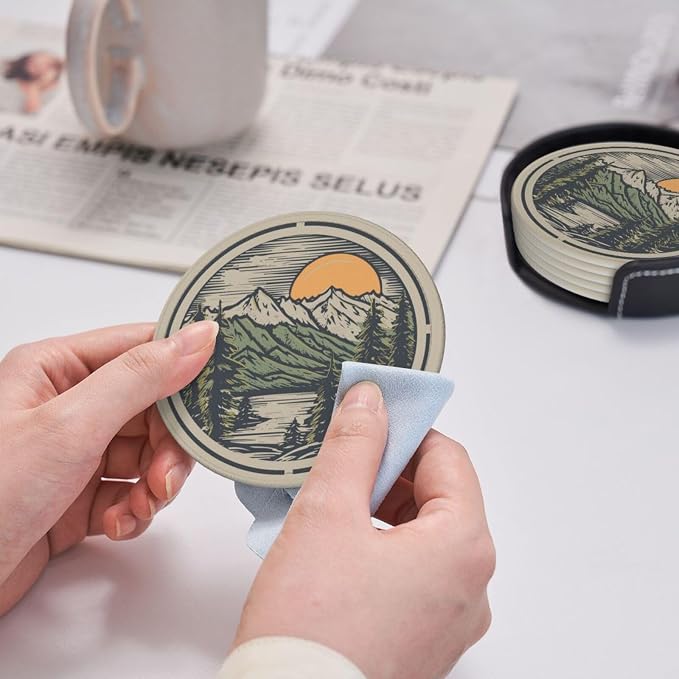 Mountain Sunset Leather Drinks Coasters