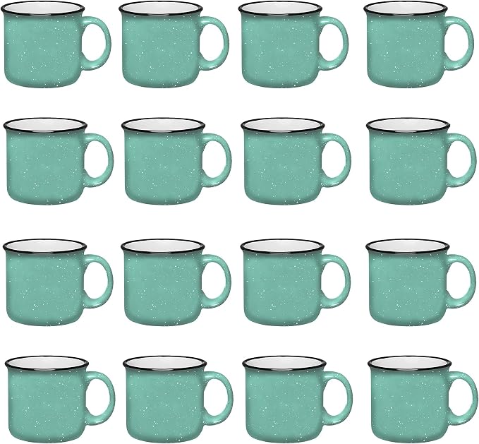 Set of 16 Ceramic Campfire Mugs – 15 Oz, Teal – Coffee & Tea Cups