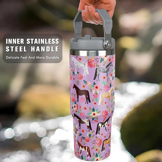 30 oz Horse Tumbler with Handle and Flip Straw, Vacuum Insulated Water Bottle