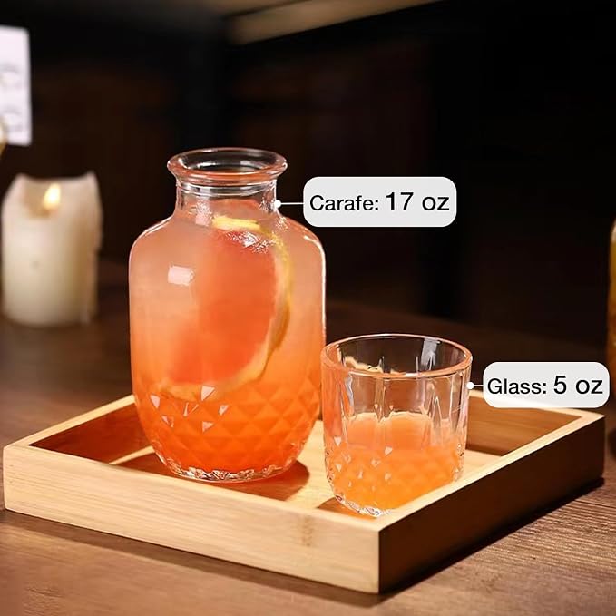 Bedside Water Carafe and Glass Set, Mfacoy 17 OZ Glasses Pitcher & 5 OZ Cup