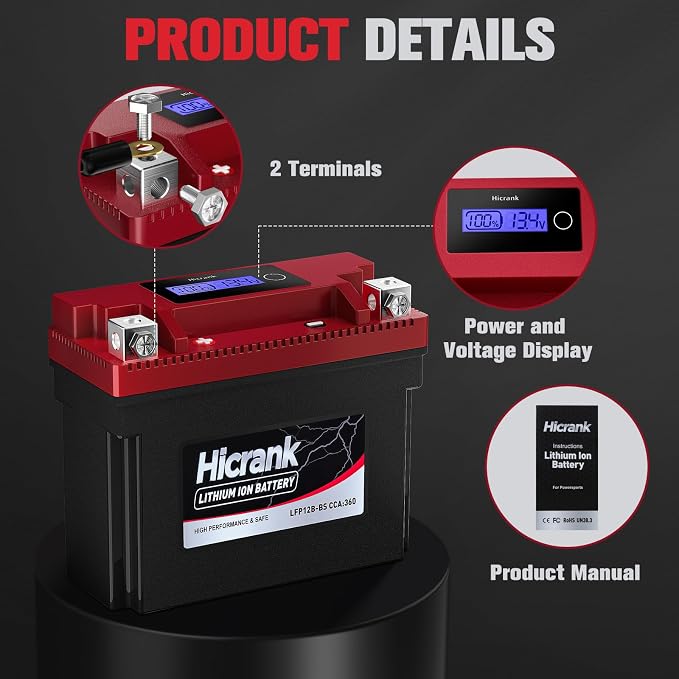 YT12B-BS Lithium 12V 6Ah 360CCA LiFePO4 Motorcycle Battery, Powersports Battery