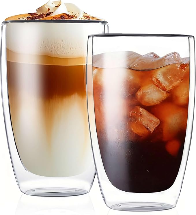 MESNEY 17oz Double Walled Glass Coffee Mugs, Glass Coffee Mugs Set of 2