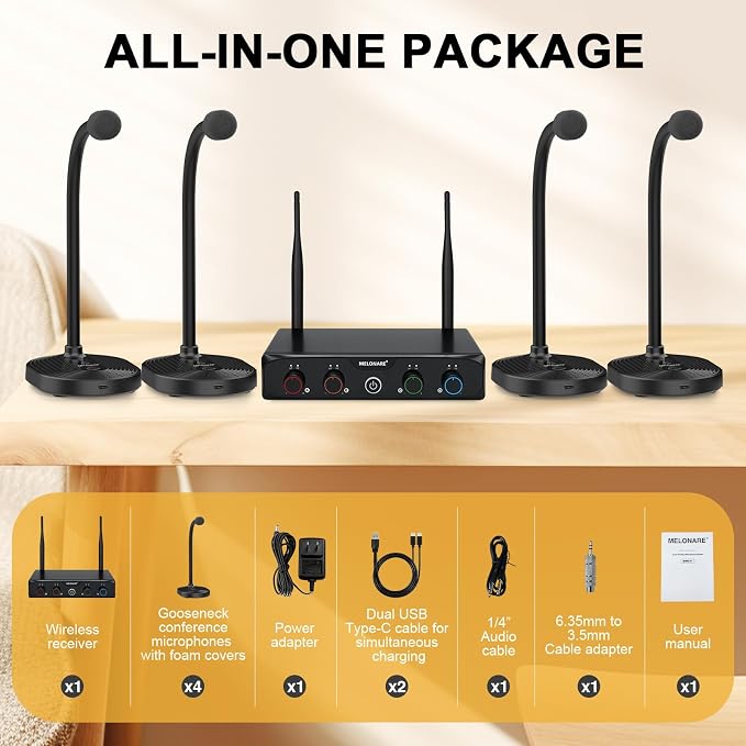 4-Channel Wireless Conference Microphone System, UHF Compact Cordless Mic Set