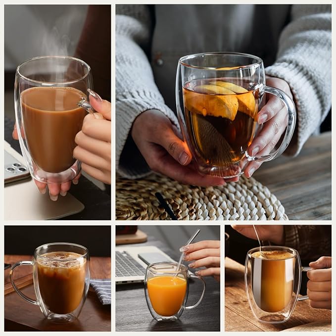 DINGPAI 4 Pack Double Wall Glass Coffee Mugs, 12oz Clear Coffee Cups | Heat