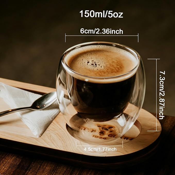 Retainbre Double Wall Glass Espresso Cups Set of 4, 5oz Espresso Shot Glass |