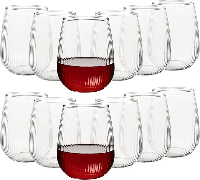 UMEIED 12 Pack Textured Glass Cups, 490ml | Elegant Vertical Ribs, Flat Base