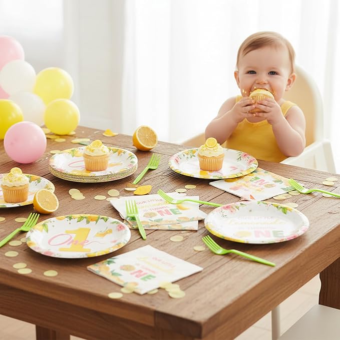 96Pcs Lemon 1st Party Plates Supplies Pink Yellow Our Little Lemonade Is