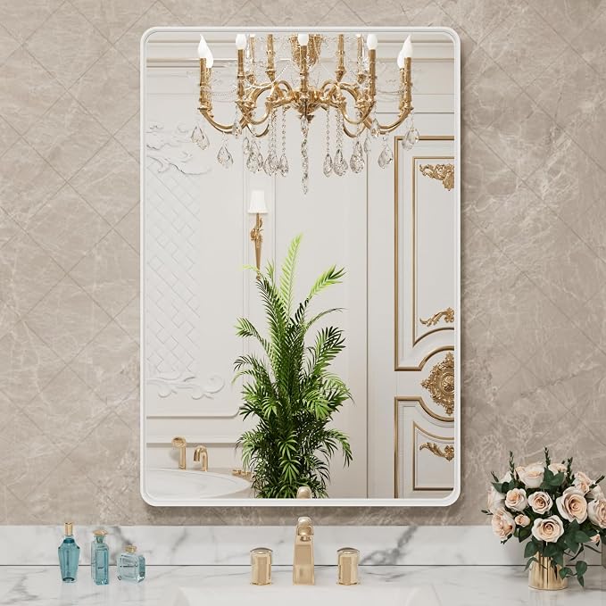 20x30 Inch White Metal Framed Bathroom Mirror