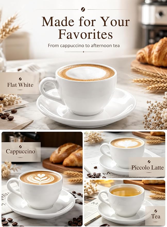 Porcelain Coffee Cups Set with Saucer, 6 Ounce,