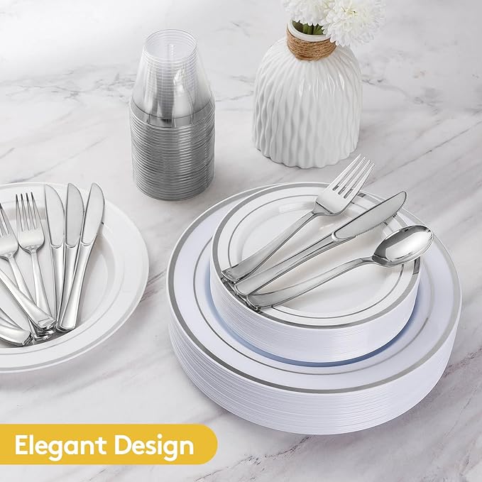 600 Plastic Piece Disposable Silver Plates