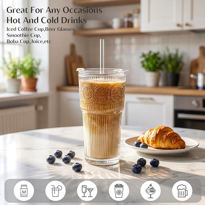 INSETLAN 20oz Ribbed & Floral Glass Tumblers