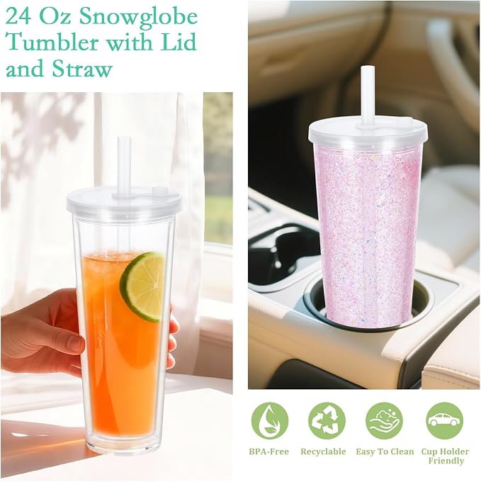 6 Pack 24Oz Snow Globe Tumblers, Double Wall Acrylic Pre Drilled Snow Globe Cup