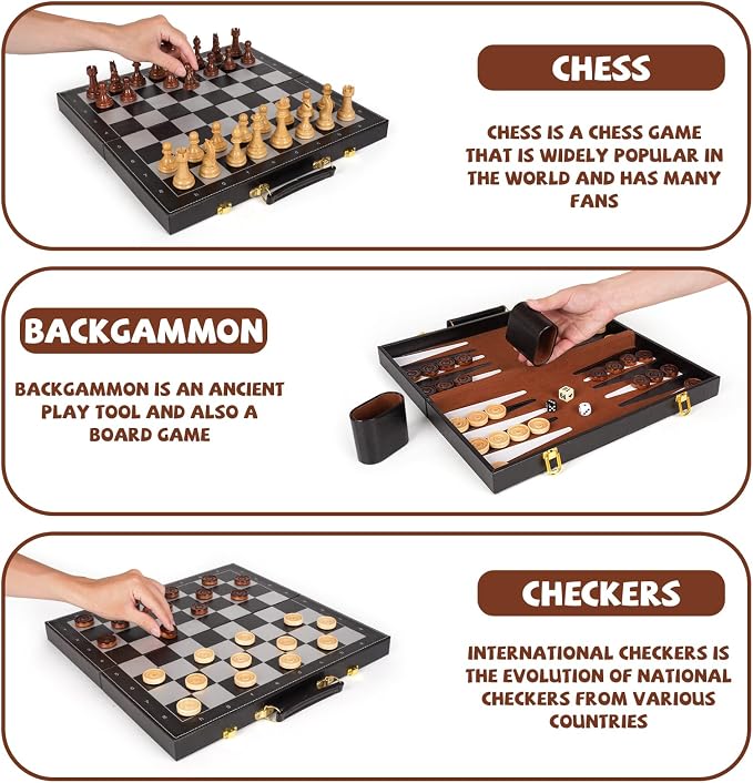 Chess Checkers Backgammon Set 3-in-1 Board Games Sets