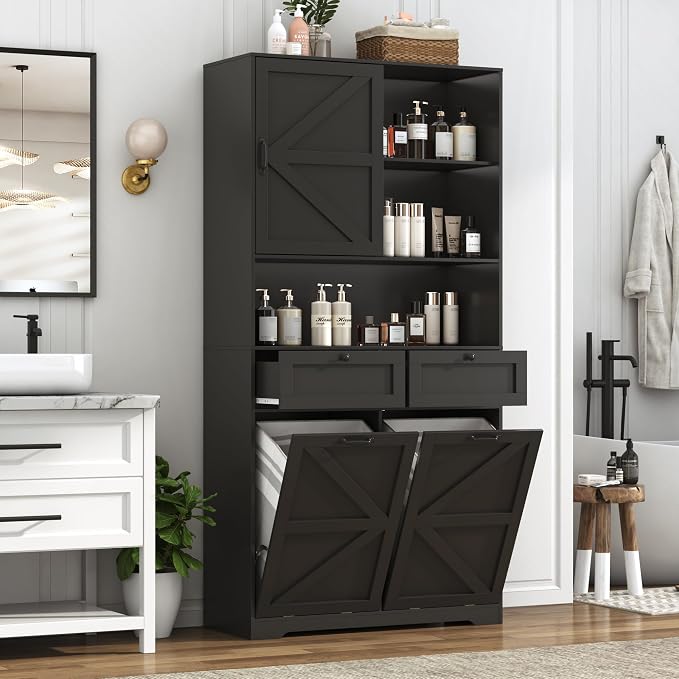 78" Tall Tilt-Out Double Doors Laundry Cabinet Hamper w Hidden Laundry