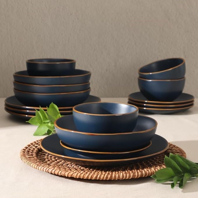 Gibson Home Hazeltine 16-Piece Navy Blue Stoneware Dinnerware Set – Plates and