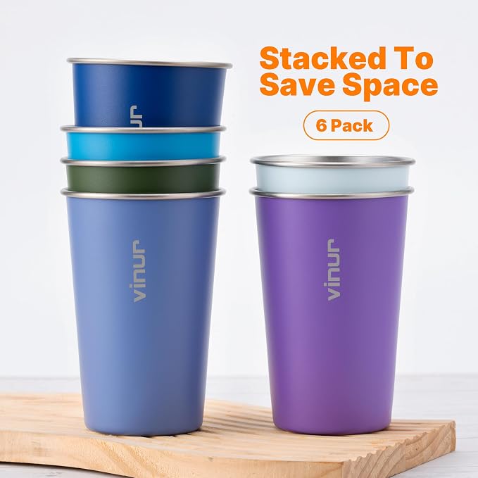 VINUR Stainless Steel Cups 16 oz Metal Drinking Glasses 6 Pcs | Stainless Steel