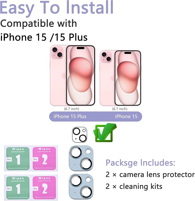 2 Pack Camera Lens Protector for iPhone 15 / iPhone 15 Plus, AR Tempered Glass