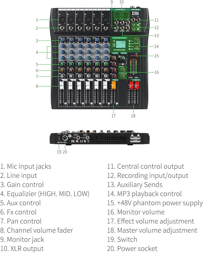 XTUGA 6 Channel Audio Mixer Sound Board Mixing Console, Audio Interface PC USB