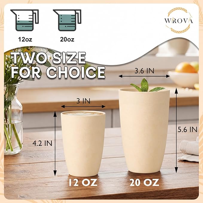 Wrova Wheat Straw Cups 6 PCS Good Alternative to Plastic Reusable Cups 12 oz