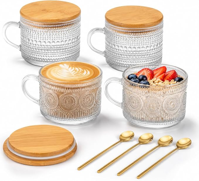 Semderm Vintage Glass Coffee Mugs Set of 4, Overnight Oats Containers - 14oz
