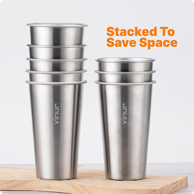 VINUR Stainless Steel Cups-20 oz Stackable Metal Drinking Glasses 8 Pcs | 20 oz