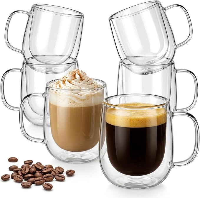 6 Pack Double Wall Glass Mugs 12 oz, Insulated Clear Coffee Cups