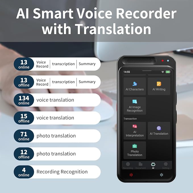 AI Voice Recorder with Playback, Digital Voice Recorder with AI Transcription