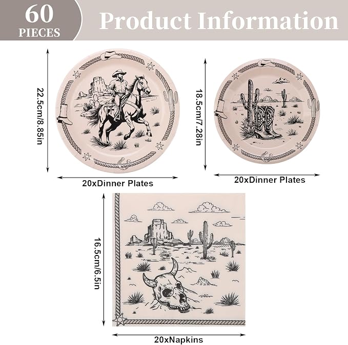 60PCS Cowboy Paper Plates and Napkins Party Supplies Serve 20 | Western Rodeo