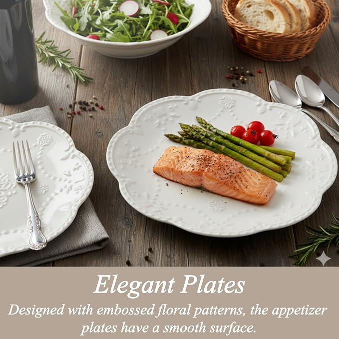 Tebery Set of 4 Ceramic Dinner Plate, 10.5 Inch Large Embossed Lace Salad