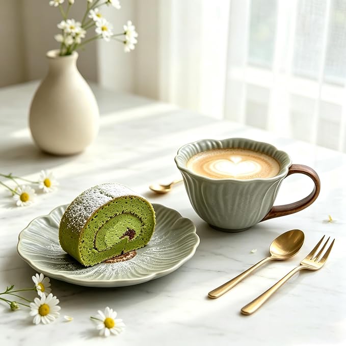 KOOV Latte Cup and Saucer Set of 4, Vintage Hand-Painted 10 oz Ceramic