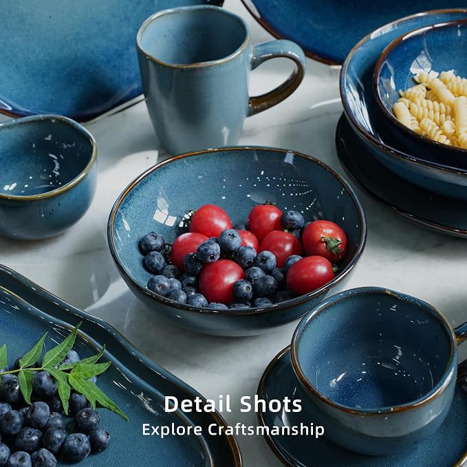 Highland 16pc Dinnerware Set, Unique Organic Shape Double Bowl, Stoneware Plate