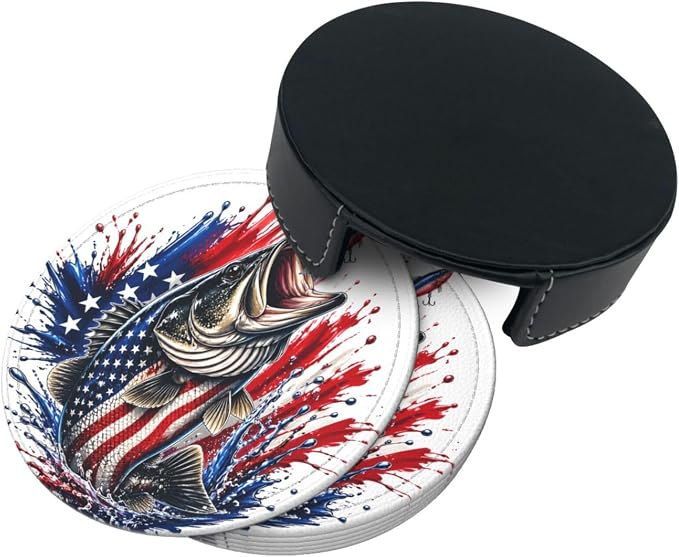 Patriotic Bass Fishing Splash Leather Coasters Set of 6