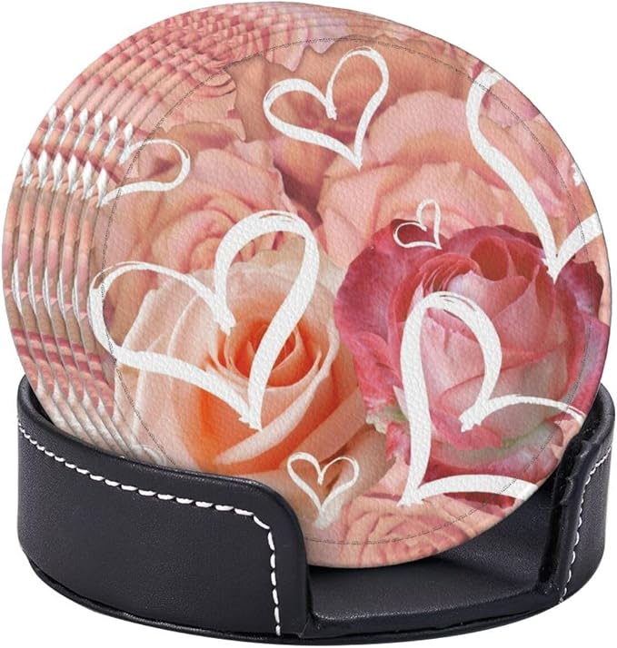 Drink Coasters with Holder Stand Set of 6, Heart Pink Rose Flower Pu Leather