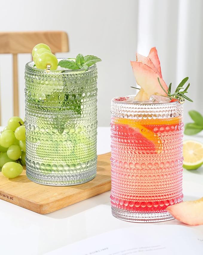 Large Capacity Glasses Drinking Set of 12, 15 oz Vintage Glassware Hobnail