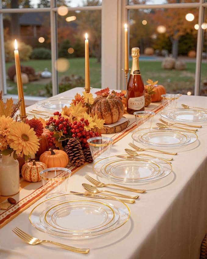 bUCLA 300Pcs Clear Gold Plastic Disposable Dinnerware Set
