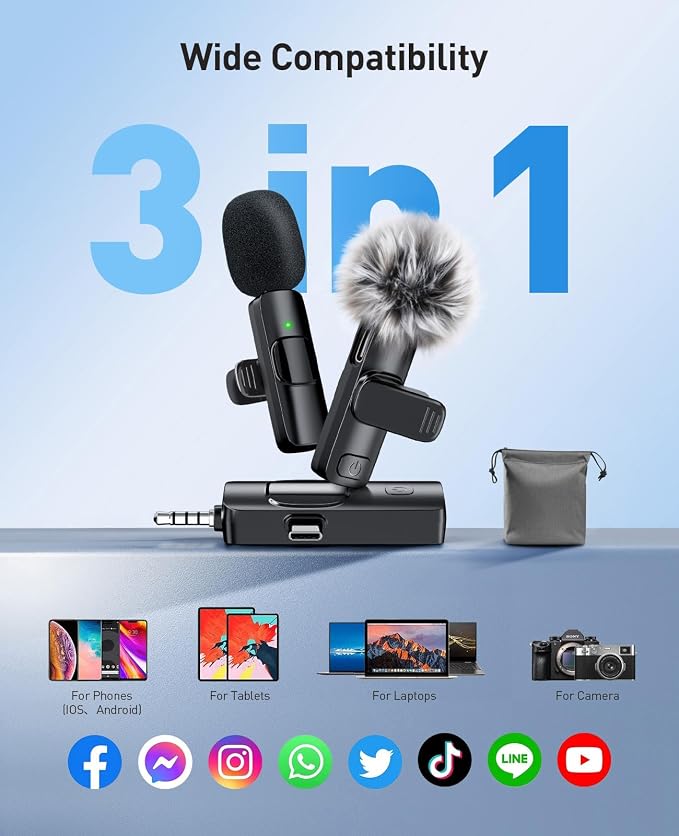 3-in-1 Mini Microphone for iPhone: Wireless Lavalier Microphones for