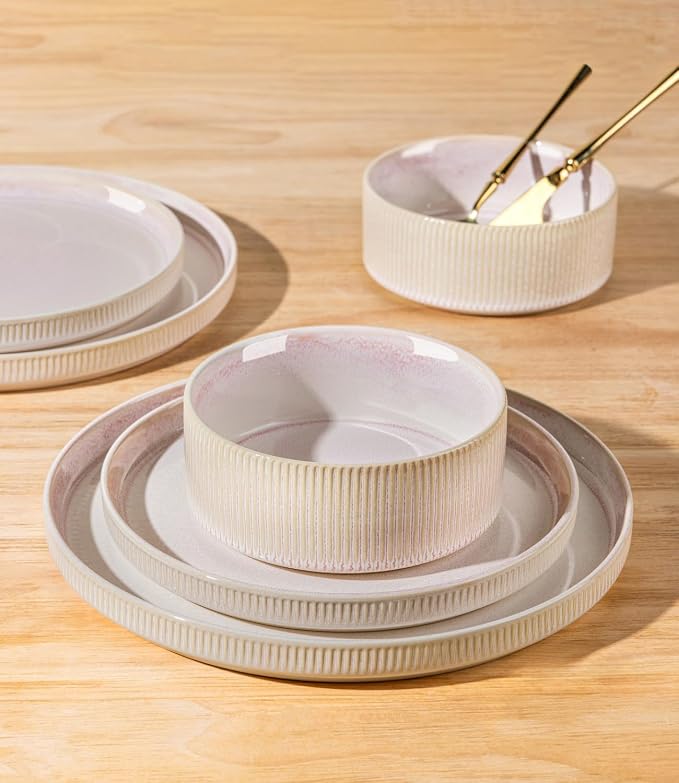 Ceramic Dinnerware Set for 4, 12-Piece Plates and Bowls Set | Lightweight