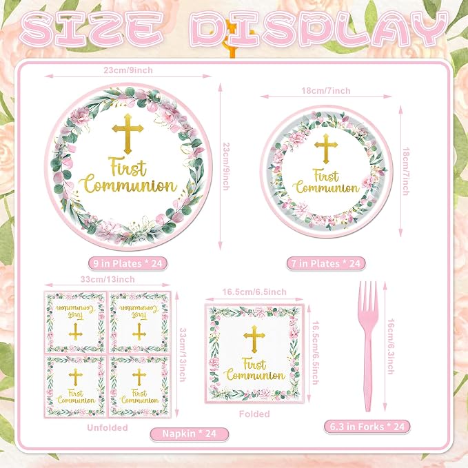 96 Pieces First Communion Floral Tableware Set – Pink Floral Cross Disposable
